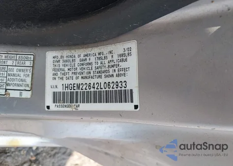 2002 Honda Civic Lx из США, поврежденный, VIN 1HGEM22642L062933